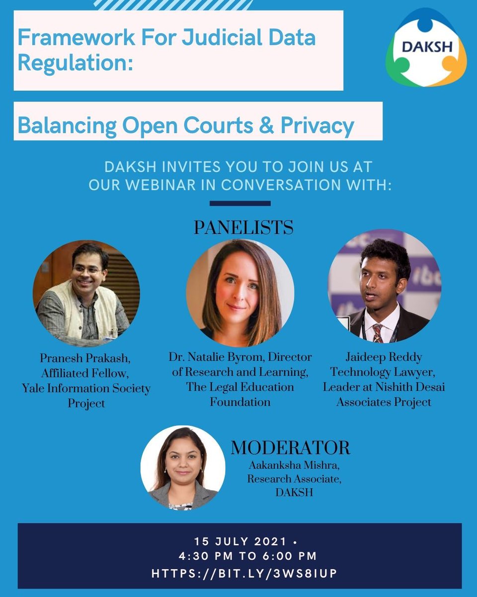 daksh_india's tweet photo. At 4:30 PM this evening, we will be in conversation with Pranesh Prakash (@pranesh), Dr. Natalie Byrom (@NatalieByrom) and Jaideep Reddy (@jrtechlaw)
https://t.co/aWIBXPkXjC
#webinar #dataregulation #judicialdata #dataprotection #indiancourts #indianlaw #indianlawyers https://t.co/Sq8quRnIk0