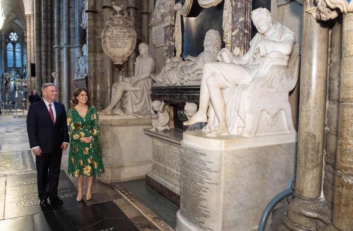 TASC_org's tweet photo. THROWBACK to July 2019 when our co-founders, HRH Princess Eugenie and Julia de Boinville, joined Ambassador John Cotton Richmond on a visit to the grave of William Wilberforce to learn more about the historical journey of British abolitionists. https://t.co/2yozC2sQ1D