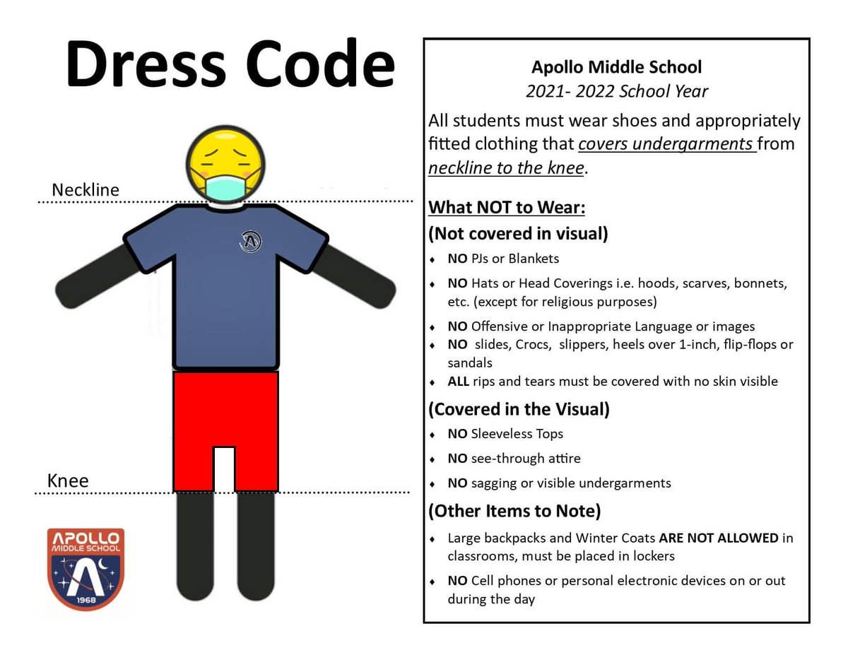 Check out our 2021-22 School Year Dress Code. Here are a few items to note:
+ This year students will have more choice in the attire they wear.
+ Jeans with rips and tears cannot be worn unless the skin is covered underneath.  
+ Students will have access to lockers.