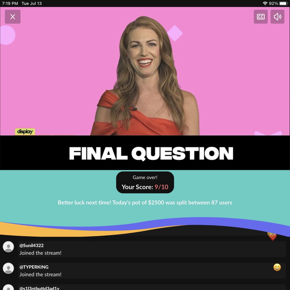 Dusti_C_A's tweet photo. I haven’t managed a perfect 10 on @socialthatpays trivia yet, but it is fun seeing @SarahPribis hosting again. #displaytrivia https://t.co/IKt71t9K87