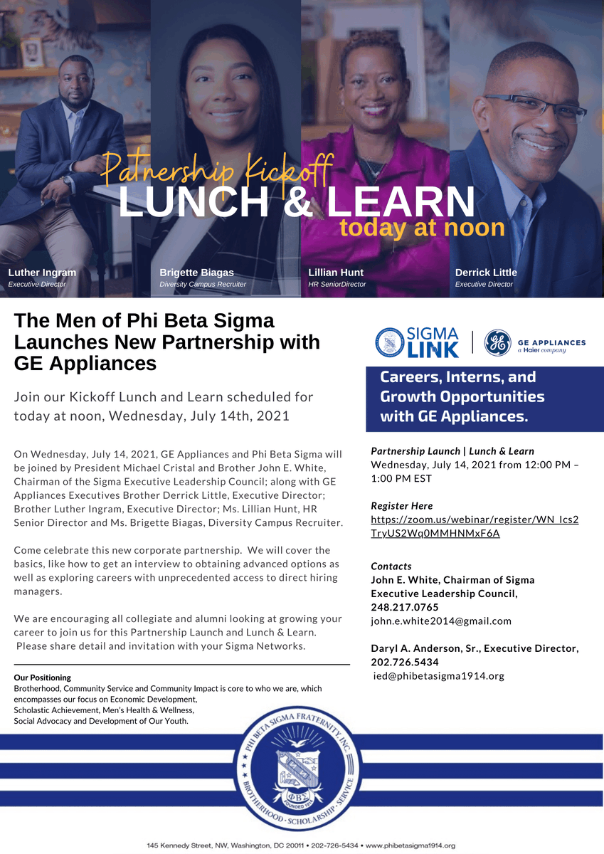 pbs_1914's tweet photo. Brothers, you’re invited to Lunch &amp; Learn with our International President, Hon. Bro. Micheal Cristal &amp; GE Appliances Executives TODAY at 12 PM EST. Register using the link in the Bio.

#GEAppliances #pbs1914 #Sigma107 https://t.co/SZjpKoY4j7