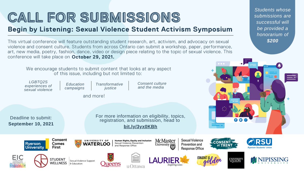 Call for Submissions: Begin by Listening, Student Activism on Sexual Violence in Ontario Symposium. If you are a student research, activist or media maker creating work about sexual violence please consider submitting to the symposium by September 10th. ryerson.ca/sexual-violenc…