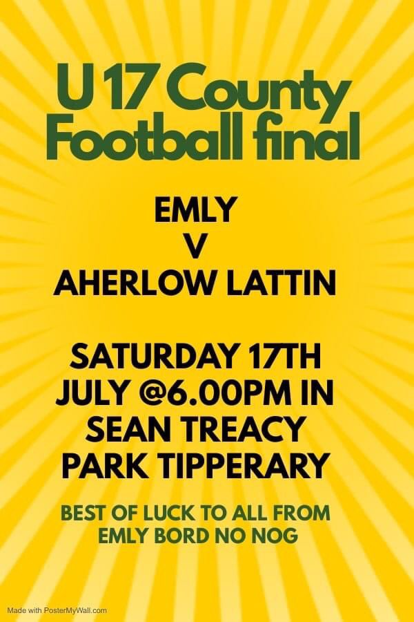 EMLYGAA's tweet photo. Best of luck to Emly who play @AherlowGaa/ @LattinCullen in the U17 County C Football Final this Saturday at 6pm in Sean Treacy Park 

All support Appreciated.⚫️🟡⚫️

#countyfinal

@Westtippgaa @TipperaryGAA @TippFMSport @tippmidwest @StevieoDonnell6 @DeHennessy01 @jayryan95 https://t.co/MDOpgFTtNO
