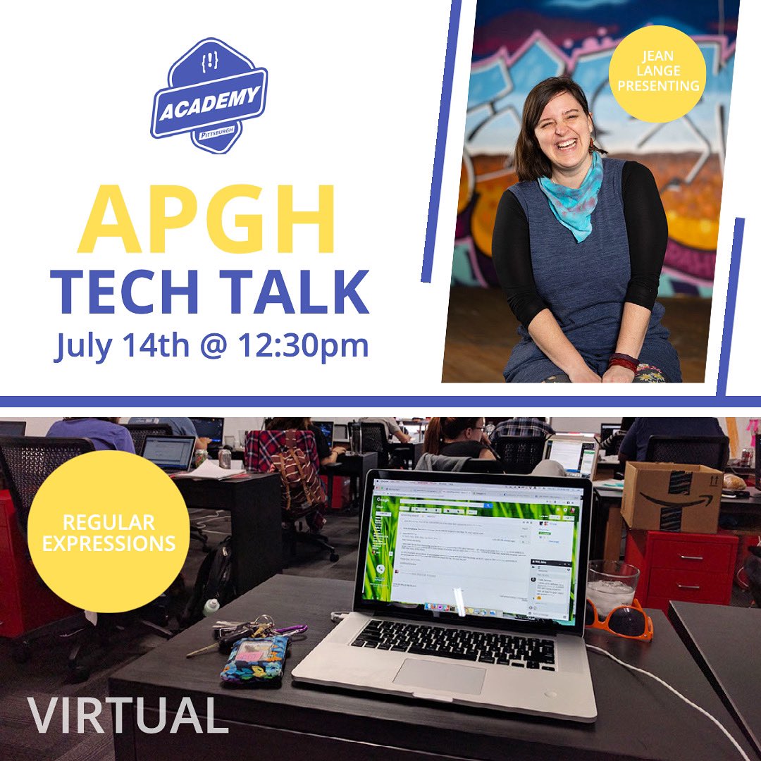 academypgh's tweet photo. 💥 IN JUST ONE HOUR 💥
Bring your lunch & curiosity to learn about #RegularExpressions with #APGH instructor, Jean Lange 💻 If you forgot to register, there’s still time ✅ We’ll see you in a few for this awesome #TechTalk ✨
Register for the event here: https://t.co/Vkm4ibn6ab https://t.co/7tJ0wUkBzq