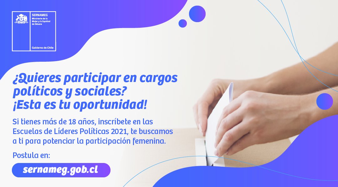 Porque queremos que se escuche tu voz y la democracia participativa es #ConNosotras 👩👵💪te invitamos a postular a las Escuelas de Líderes Políticas🙋‍♀️🙌 aprenderás sobre empoderamiento, comunicación y liderazgos femeninos🗣📈 
 
Postula en nuestro sitio👉bit.ly/3xOMlQx