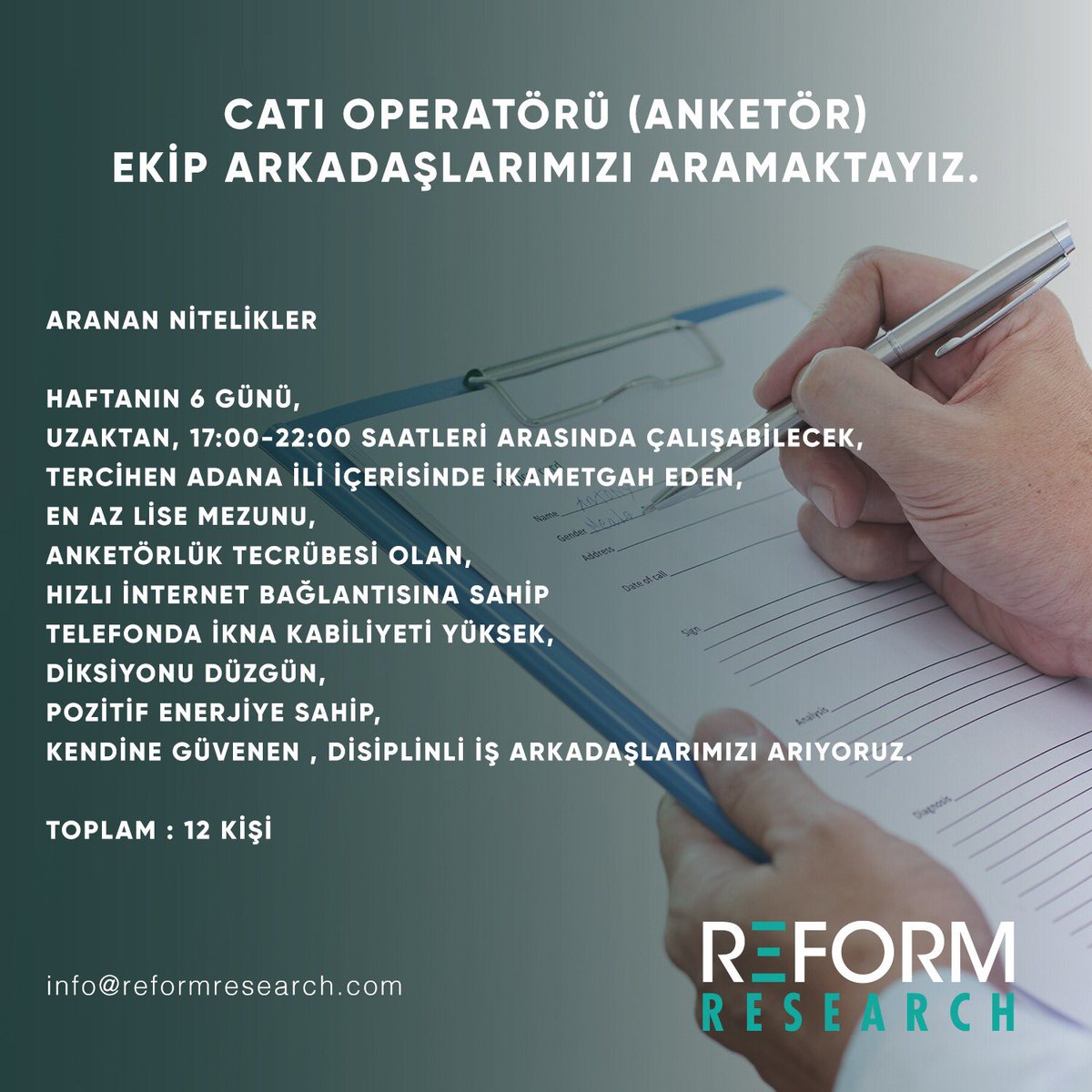 ReformResearch's tweet photo. CATI Operatörü (Anketör) ekip arkadaşlarımızı aramaktayız. 

Toplam : 12 kişi 

info@reformresearch.com

#reformresearch #sahadayız https://t.co/j2WFO68UF9