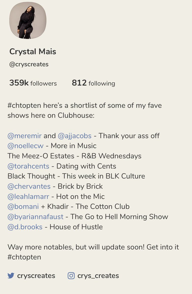 cryscreates's tweet photo. By popular demand check out my top ten shows currently on @Clubhouse ! I want to see yours too get into it! #chtopten https://t.co/Y2RNFh63x7