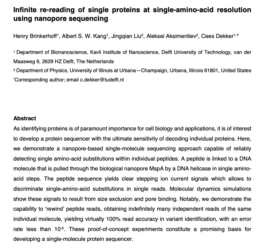 cees dekker - now at @ceesdekker.bsky.social (@cees_dekker) on Twitter photo Today we released a preprint biorxiv.org/content/10.110…
where we take a step towards the next challenge:
building a nanopore single-molecule PROTEIN sequencer! 😳
Awesome experiments by postdoc Henry Brinkerhoff of our #CDlab, augmented with MD simulations of <a href="/aksimentievLab/">AksimentievLab</a>
1/x Today we released a preprint biorxiv.org/content/10.110…
where we take a step towards the next challenge:
building a nanopore single-molecule PROTEIN sequencer! 😳
Awesome experiments by postdoc Henry Brinkerhoff of our #CDlab, augmented with MD simulations of <a href="/aksimentievLab/">AksimentievLab</a>
1/x