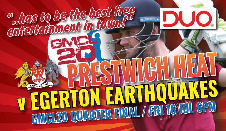 PrestwichSport's tweet photo. “THE BEST FREE ENTERTAINMENT IN TOWN” IS BACK!

Big hitting Prestwich Heat are back in action at home this Friday against Egerton Earthquakes in the GMCL Premier T20 Cup Quarter Final. Starts 6pm, free entry and bar facilities. 

@EGERTON_CC @GtrMcrCricket https://t.co/jnrIHxbHB4