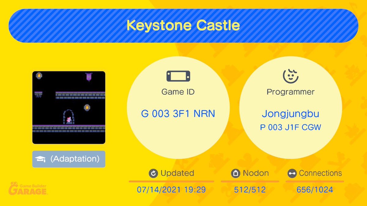 Jongjungbu's tweet image. Keystone Castle 
The Queen has been imprisoned in a castle. Collect the magic gems needed to break the seal. Inspired by 2 classic NES games. 
ID: G-003-3F1-NRN
#GameBuilderGarage