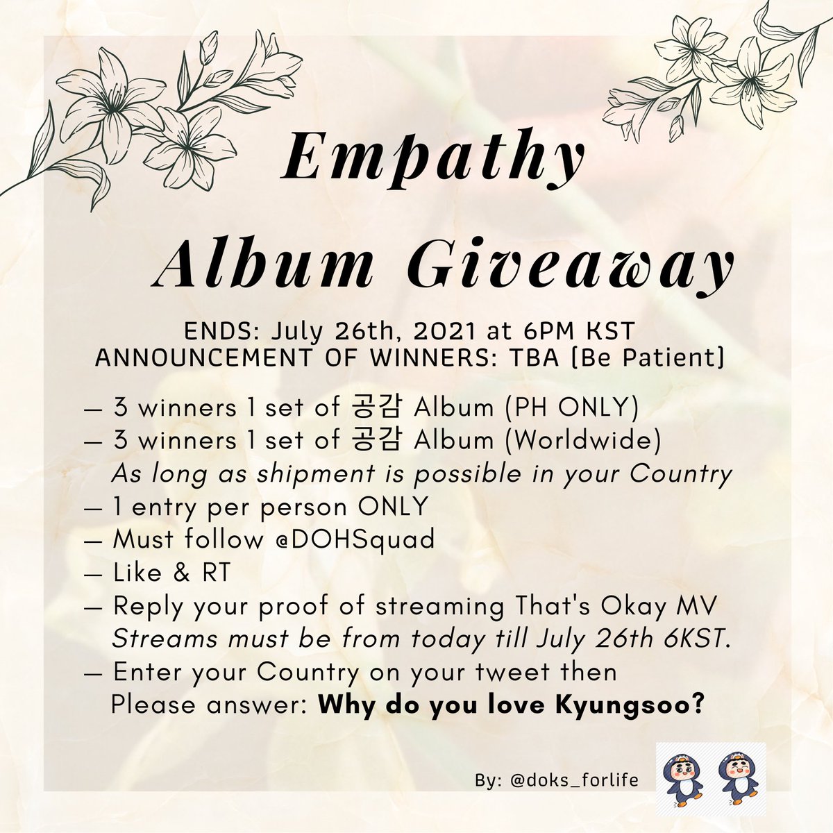 doks_forlife's tweet photo. 📢DKS1 ALBUM GIVEAWAY 🥳✨

PLEASE READ THE MECHANICS CAREFULLY BELOW.
PLEASE USE PROPER HASHTAGS DAILY SET BY FBS TO HELP THE TREND. (not included in the mechanics but would appreciate your help) 

#TuneInForDO
#공감_1차무드샘플러
#디오_솔로데뷔_11일전
#DO(D.O.) #엑소디오 https://t.co/AbmaFCM21D