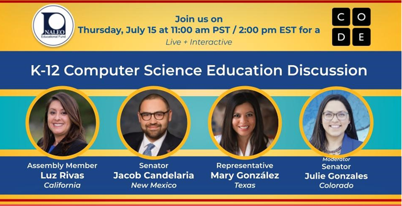 CindiaHigherEd's tweet photo. Join @NALEO members tomorrow for a live conversation on computer science education! We are hosting this in partnership with @codeorg. Register by using this link: https://t.co/twFcnXd9k4 @AlexisHarrigan @LuzRivas @CivilRightsNM https://t.co/GxyJVSFyEV