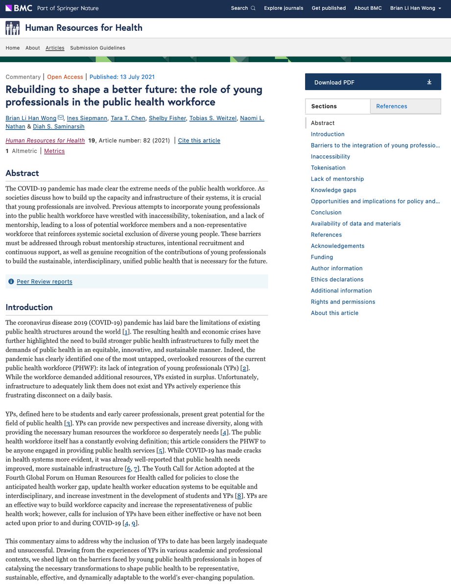 Beyond excited to share that our latest piece on the role of #YoungProfessionals in the #PublicHealth #Workforce is now out in <a href="/HRH_Journal/">HRH_Journal</a> (<a href="/BioMedCentral/">BMC</a> <a href="/SpringerNature/">Springer Nature</a>)! 

Read the full article: bit.ly/3xHgQIz

#CapacityBuilding #HealthSystemsStrengthening #PHWF #UHC