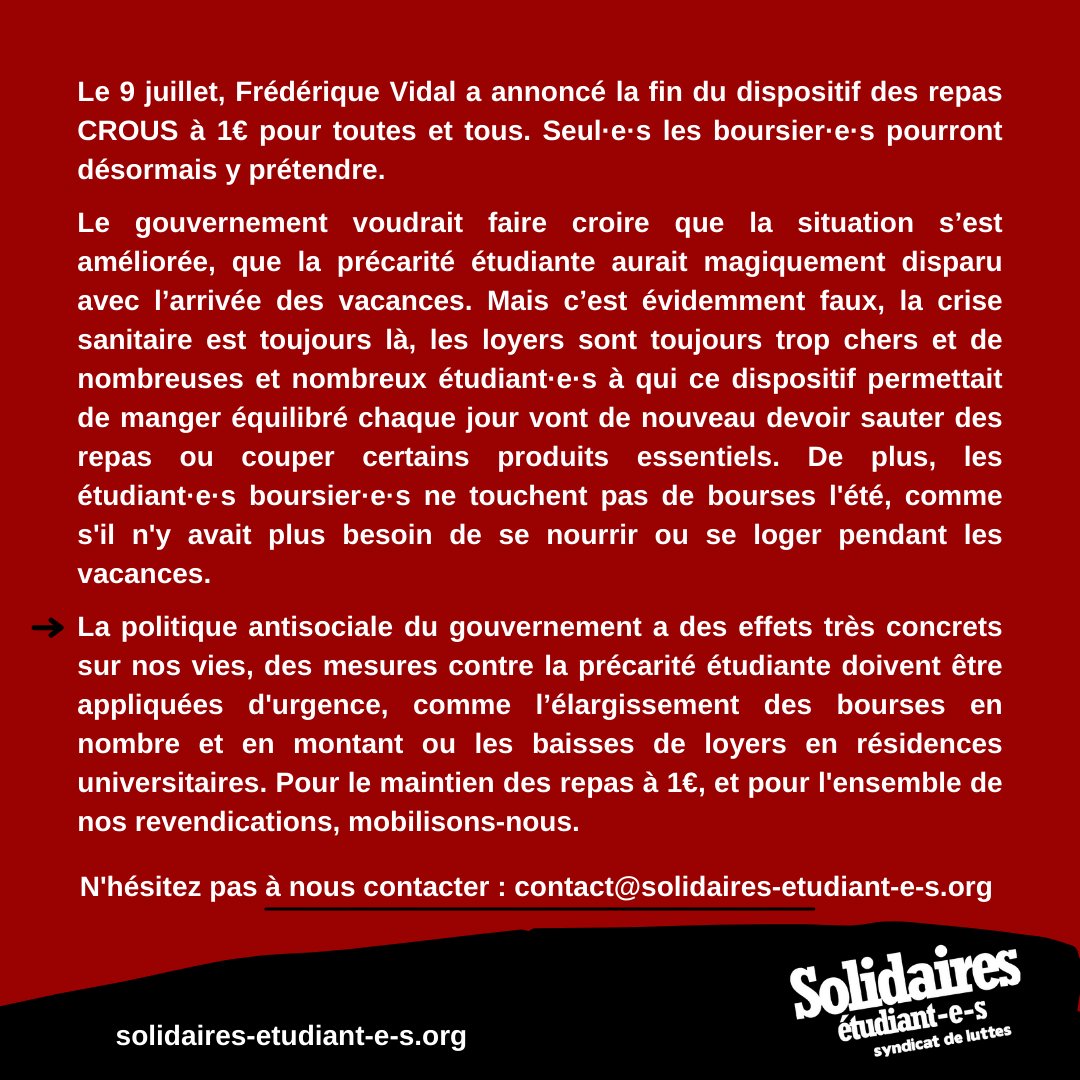SolidairesEtu's tweet photo. Le 9 juillet, Frédérique Vidal a annoncé la fin du dispositif des repas CROUS à 1€ pour toutes et tous. Seul·e·s les boursier·e·s pourront désormais y prétendre.

 Pour le maintien des repas à 1€, et pour l'ensemble de nos revendications, mobilisons-nous. https://t.co/1JEONgQmtm