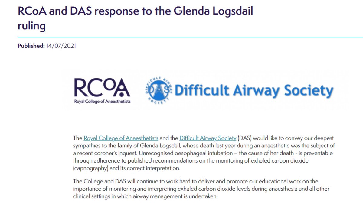 Royal College of Anaesthetists (@rcoanews) on Twitter photo .<a href="/RCoANews/">Royal College of Anaesthetists</a> & <a href="/dasairway/">Difficult Airway Society (DAS)</a> send our deepest sympathies to the family of Glenda Logsdail. Mistakes must not be repeated: bit.ly/3ATRIAi.
We urge all clinicians involved in airway management to watch our video & remember “No Trace = Wrong Place”: bit.ly/2T3q6HU. .<a href="/RCoANews/">Royal College of Anaesthetists</a> & <a href="/dasairway/">Difficult Airway Society (DAS)</a> send our deepest sympathies to the family of Glenda Logsdail. Mistakes must not be repeated: bit.ly/3ATRIAi.
We urge all clinicians involved in airway management to watch our video & remember “No Trace = Wrong Place”: bit.ly/2T3q6HU.