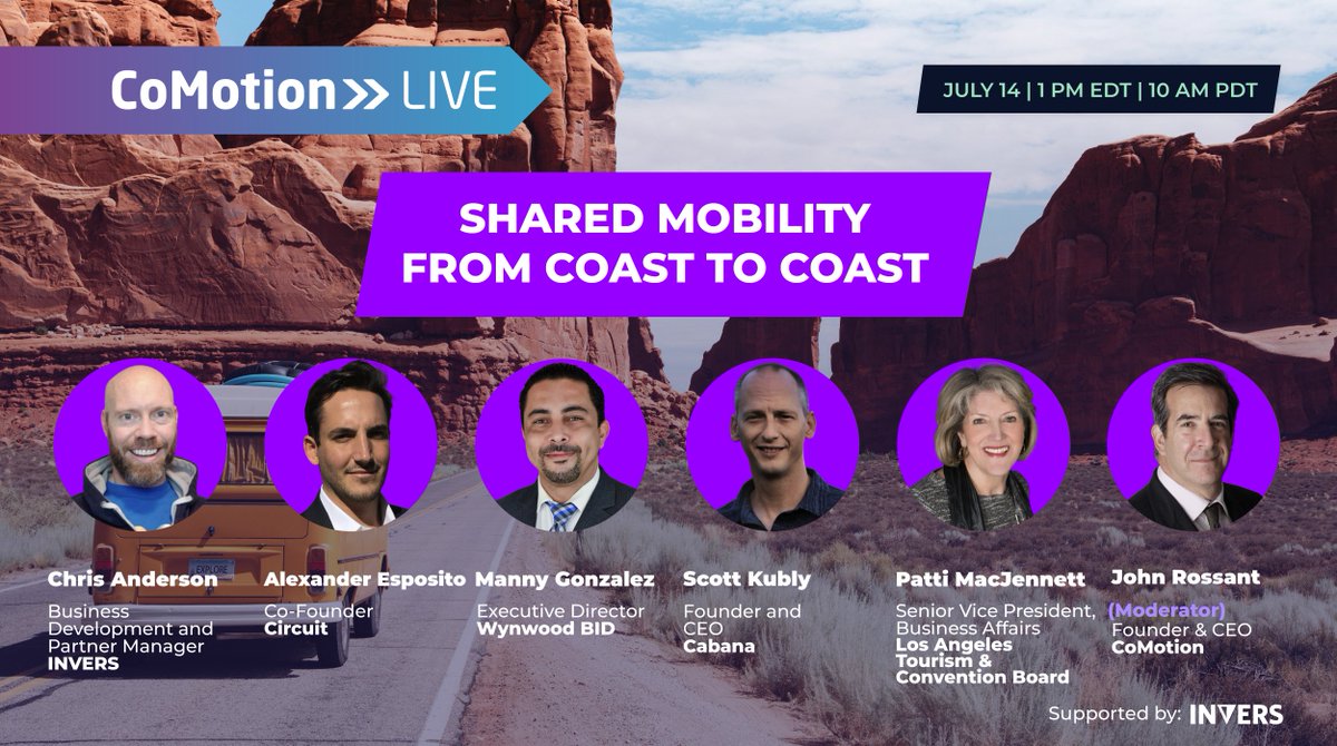 CoMotionNEWS's tweet photo. HAPPENING IN ONE HOUR! We'll be joined by @InversMobility, @ride_circuit, @WynwoodMiami, @skubly, and @discoverLA for an exciting #CoMotionLIVE looking at #sharedmobility 's role in reviving the #tourism industry! Join us: https://t.co/GWOoAYRNUV https://t.co/tDfK9yOaqi