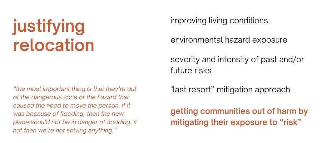 The Forced Migration and Resilience in Relocation #HazWS session w. <a href="/SantinaContrer/">Santina Contreras</a> is making me wonder - a la <a href="/ChaunciaWillis/">Chauncia Willis</a> keynote - if homes and communities can be considered acceptable losses? Also seeing overlap with the "Cool Kids" session - moving is a last resort