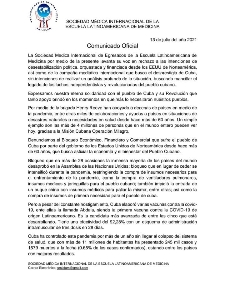 elam_oficial's tweet photo. Comunicado Oficial: La @ElamSmi de la @elam_oficial por medio de la presente levanta su voz en rechazo a las intenciones de desestabilización política, orquestada y financiada desde los #EEUU, así como de la campaña mediática internacional que busca el desprestigio de #Cuba https://t.co/qQkbGzJEDC