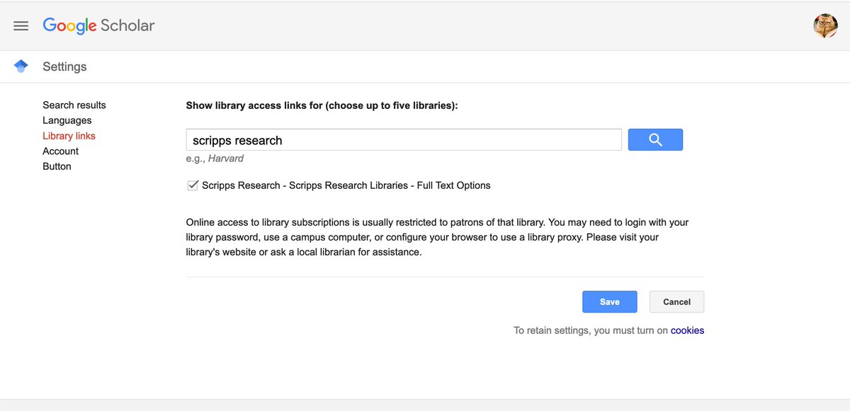#LibraryTip: Get the Library’s Full Text link in Google Scholar! In Scholar, use menu bar in top left > Settings > Library Links > search for Scripps Research > check the box for Scripps Research > Save. Click double arrow under result in Scholar to see link if not showing.