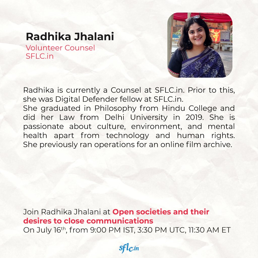 NetShutdowns's tweet photo. #KnowYourPanel
Introducing @RadhikaJhalani, Counsel at @SFLCin.
Join her as we dive deep into the discussion on "Open Societies and their desire to close communications" this Friday on - https://t.co/MtpLwz0F1c
#LetTheNetWork #KeepItOn #internetshutdown https://t.co/4nLHp3blOU