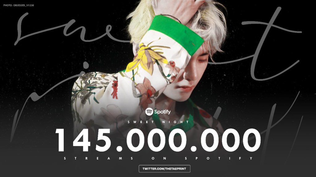 Sara22323826's tweet photo. Sweet Night has surpassed 145M streams on Spotify. 

Congratulations Taehyung🎉✨💜 https://t.co/ifnTRLjS8K