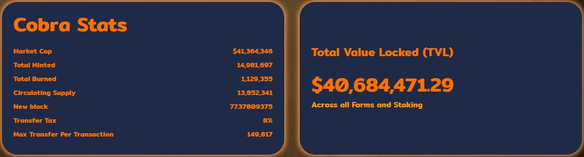 SwapCobra's tweet photo. 40M TVL!
🔥🔥🔥
Harvest unlock in 2 days!
Start farm now!
High APR here!
https://t.co/VL28Fthj5N

#bsclaunchzone #BSCPAD
#fairlaunch #BSC #BinanceSmartChain #cake #YieldFarming #ShibaSwap #ShibaArmy #shibainu #SAFEMOON #BSCGems https://t.co/seMVvqZWcL