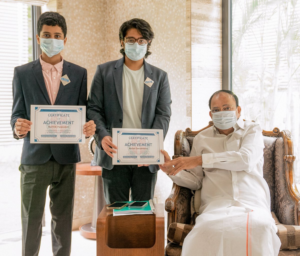 VPIndia's tweet photo. The International Competition for Young Debaters' (ICYD) champions, Karthik Palakodeti &amp; Rohan Seelamsetty called on the Vice President in Hyderabad today. Shri Naidu congratulated them on winning the #ICYD2021 competition &amp; conveyed his best wishes for their future endeavours. https://t.co/GaCVJTUeZE