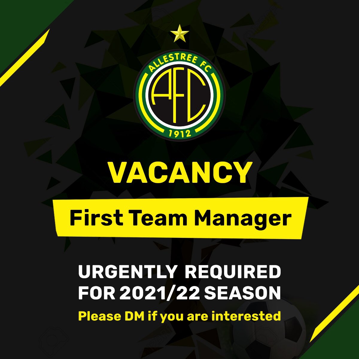Allestree FC are seeking a new management team to take over 1st team duties. 

The club currently competes in the <a href="/TheMRAnews/">The G & T Jenkins Midlands Regional Alliance</a>. Get in touch ASAP if you are interested in the role. 

<a href="/DerbyshireFA/">Derbyshire FA</a> @CentralMidsFL <a href="/MidlandLeague/">Capelli Sport Midland Football League</a> <a href="/NorthernPremLge/">The Pitching In Northern Premier League</a> <a href="/eastmidlandsco2/">EMCFL/UCL</a> <a href="/NCEL/">Macron NCEL</a> Please retweet