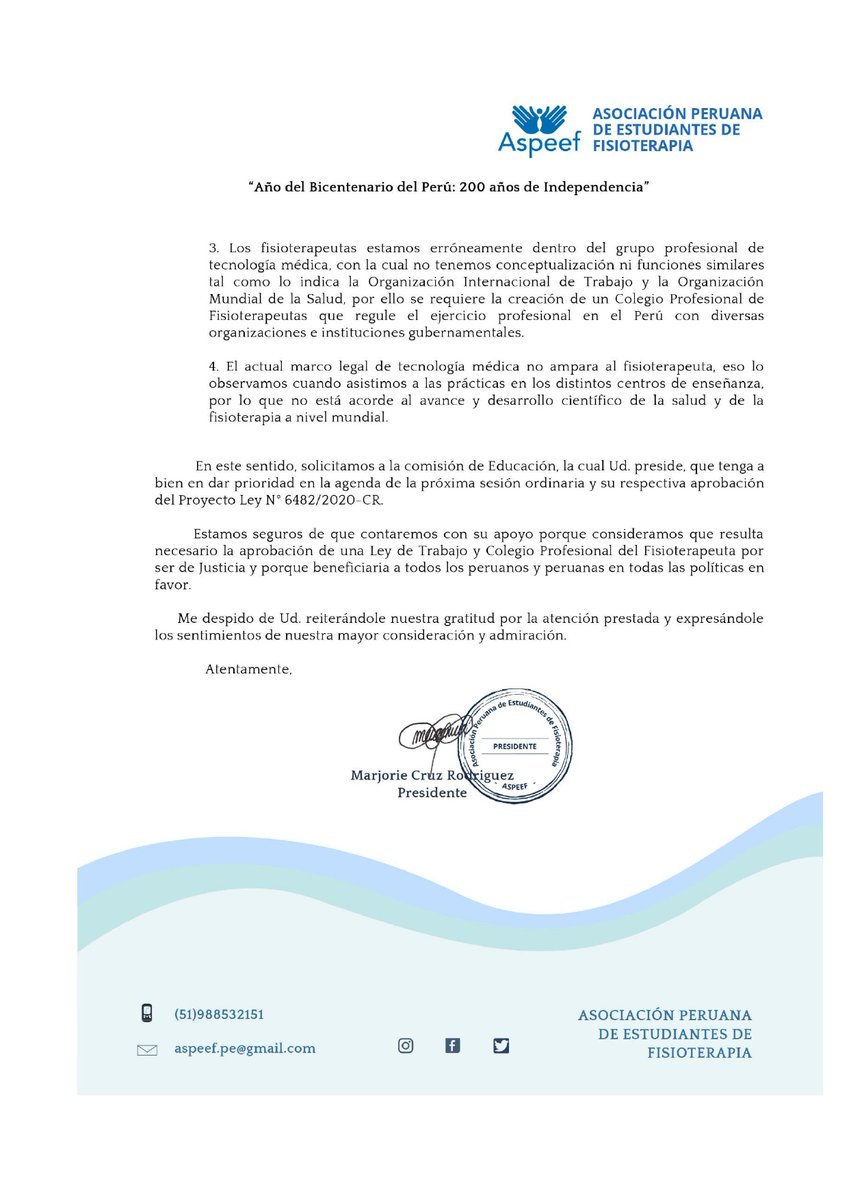 ASPEFISIO's tweet photo. Asociación Peruana de Estudiantes de Fisioterapia ASPEEF APOYA #PL6482 
@BankadaFP
@PFuerzaPopular 
@ColumbusOpina @CARLOSMESIA @marpichilingue @RitaAyasta @MartiresLizana1 @EdwardEZarate @napo_vigo @GilmerTrujillo @GilbertAlonzoF @ErwinTitoOrtega @LilianaPinedoA https://t.co/Y3lFO60Zwy