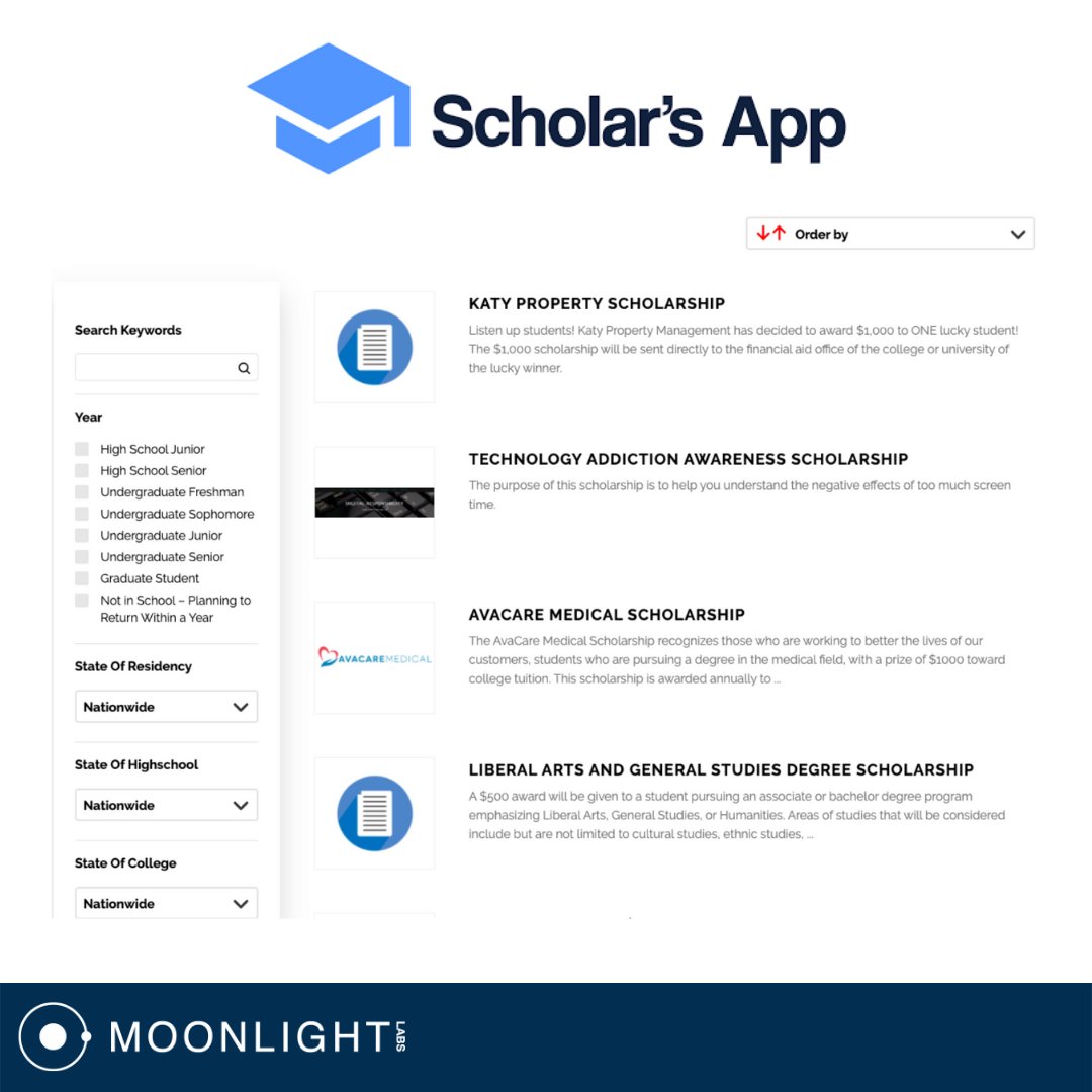 Students can use Scholar’s App to find and receive college scholarships. 💸🎓 Our team redesigned this page and added more robust search and sorting functionality.

Learn more: moonlightlabs.com/scholars-app #moonlightlabs #digitalagency #scholarsapp #scholarship #college #education