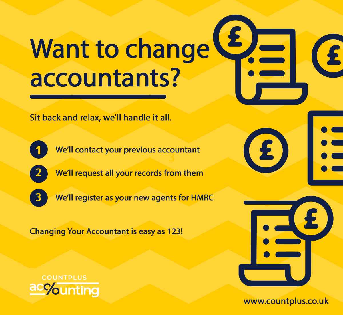 Signs you should switch accountants:
1. You're paying a fortune
2. You're bombarded with jargon
3. You feel like one in a long list

Switching is a lot easier than you think. In fact, we will take care of the hard part for you. Call today for a FREE consultation: 01925 670289