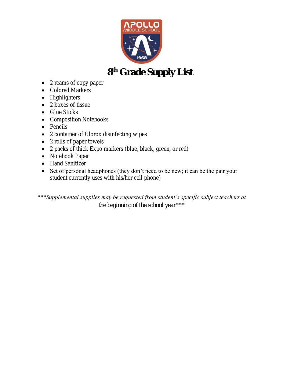 Apollo Families, we want to welcome you all back for the 2021-22 School year. The pictures on this post are of our Supply Lists for this year. If you would like a hard copy, please stop by the school.  Please see our Facebook post for additional languages!