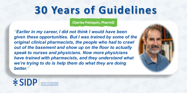 SIDPharm's tweet photo. To highlight ✨ some of our members involved in #30YearsofGuidelines, we first have Dr. Peloquin who reflects on the #early days of ID pharmacist involvement in #therapeuticdecisionmaking 🙌
#30YearsofSIDP #DoWhatTheyDoBetter https://t.co/pYLNtlZyTL