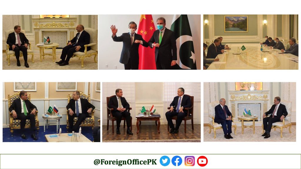 ForeignOfficePk's tweet photo. On the sidelines of the #SCOCFM, FM held bilateral meetings with his counterparts from SCO countries including Afghanistan, China, Kazakhstan, Russia, Tajikistan, and Uzbekistan. 6/8 https://t.co/Amq9Ft7JdX