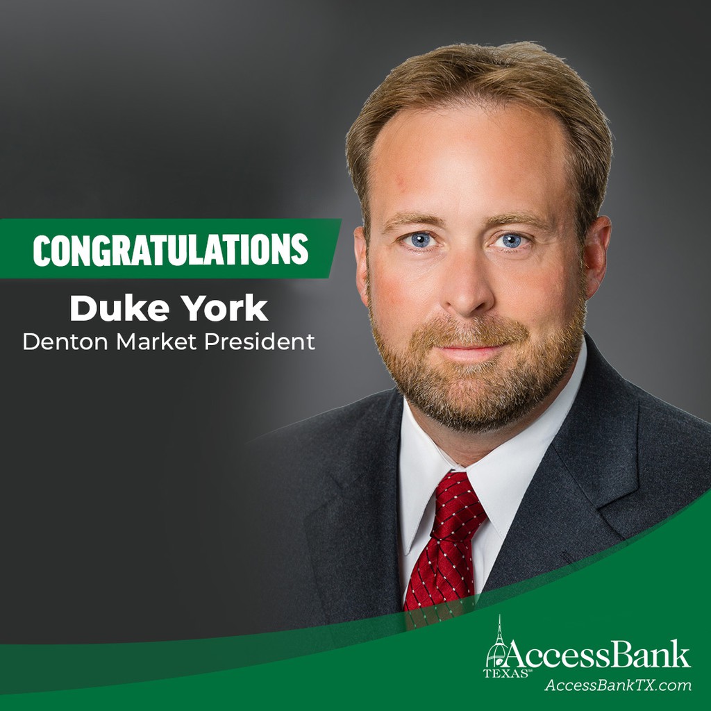 AccessBankTexas's tweet photo. AccessBank Texas announces the promotion of their current Executive Vice President / Chief Lending Officer Duke York to spearhead growth in the Denton and surrounding markets. https://t.co/PWRNfCZsbL

#SmallBusiness #PersonalBanking #DeepRootedRelationshipsPoises https://t.co/o2T93wOWSf