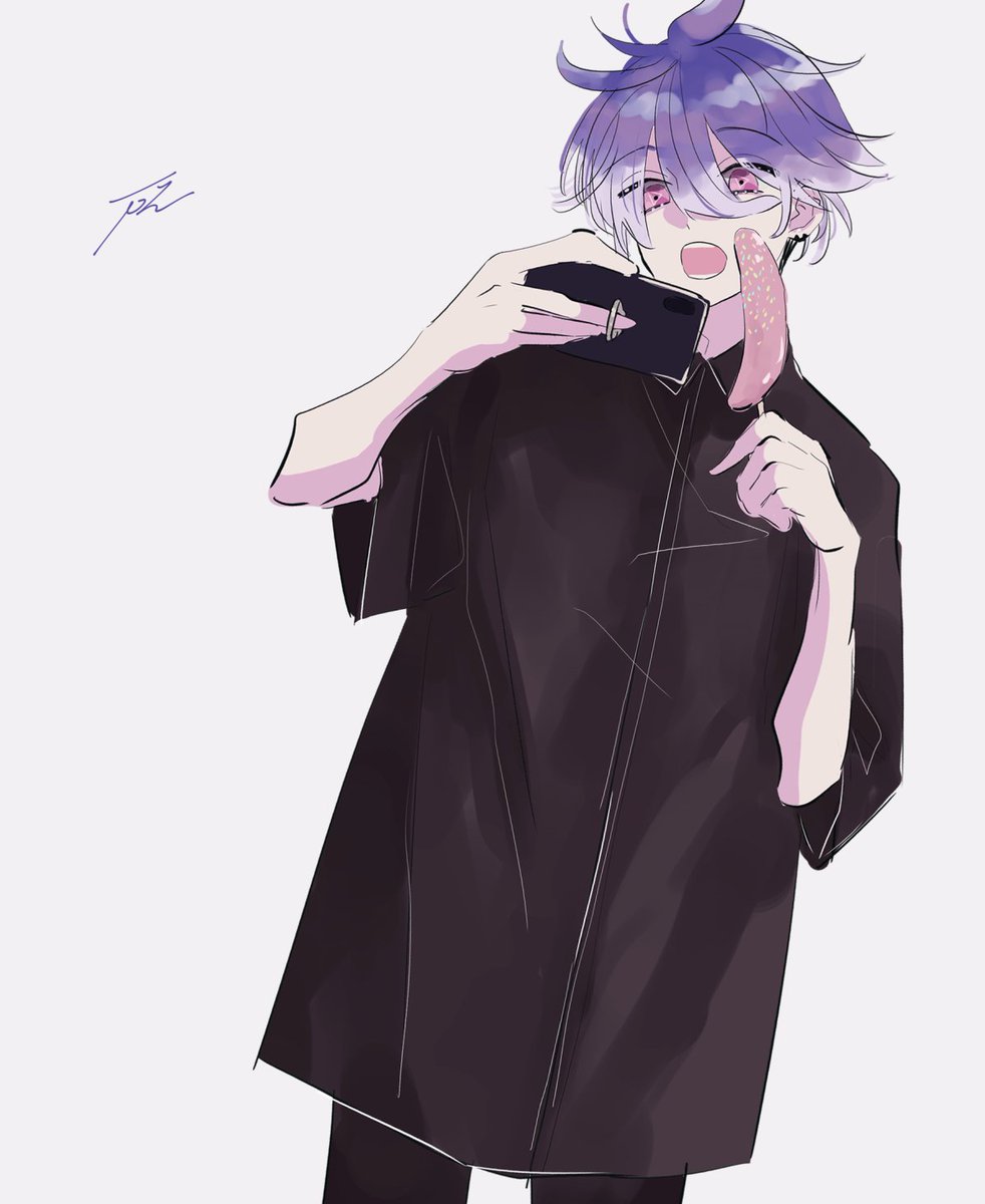 1boy male focus purple hair phone shirt solo black shirt  illustration images