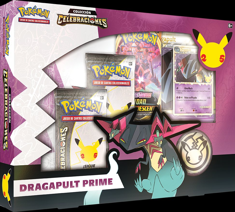 pokemonalphaES's tweet photo. Imágenes en Castellano de las cajas especiales de Pokémon TCG que se lanzarán con motivo del 25 aniversario de Pokémon.

Las cajas que aparecen son de Dragapult, Charizard, Sylveon y Zacian. https://t.co/xaxTCSkave