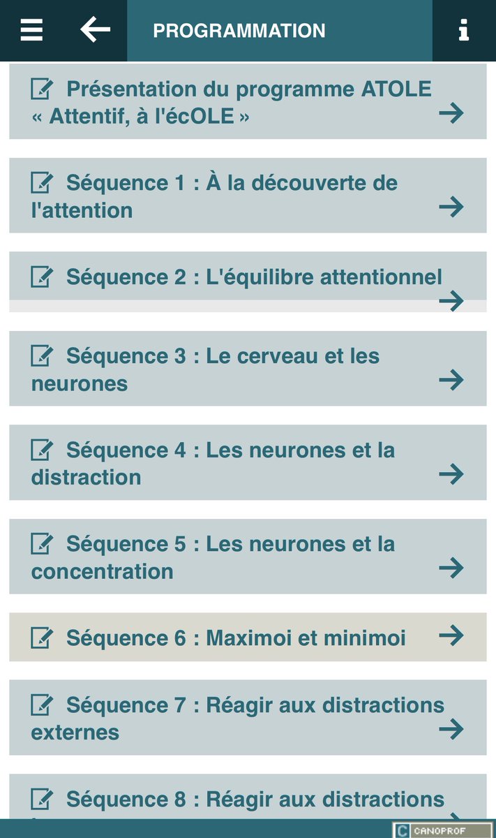 Voici 10 séquences pédagogiques basées sur l’attention et le programme ATOLE illustrées par une présentation  sous forme de vidéo - une synthèse des activités de l'enseignant - les objectifs d'apprentissage - un Pdf décrivant la séquence <a href="/reseau_canope/">Réseau Canopé</a> atelier-canope-95.canoprof.fr/eleve/Attentio…