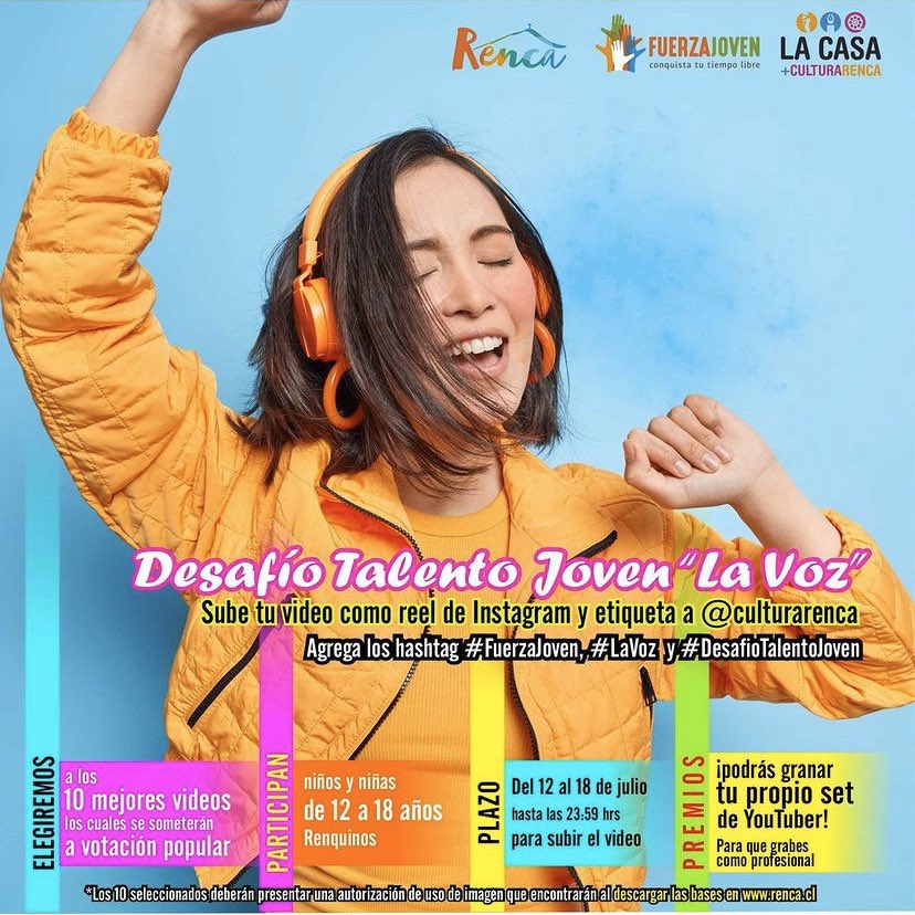 ¿Te gusta bailar o cantar? ¡Entonces este desafío es para ti! Sube tu reel de Instagram cantando o bailando y eitqueta a <a href="/culturarenca/">Cultura Renca</a>. Además, agrega #FuerzaJoven #DesafíoTalentoJoven y #LaVoz o #Dance y estarás participando ⚡️