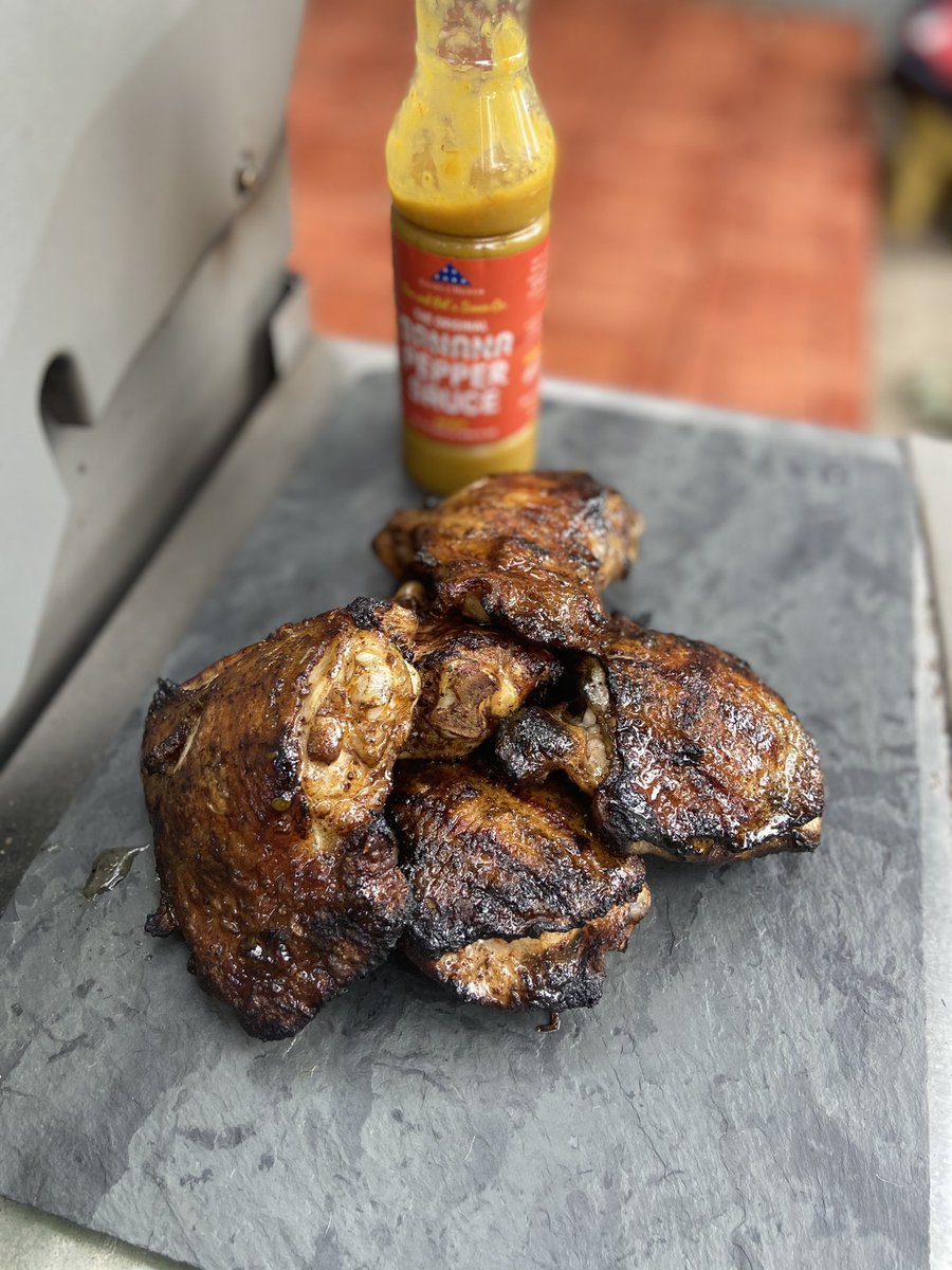 Maple + Banana Pepper Sauce glazed chicken thighs. Sweet heat.