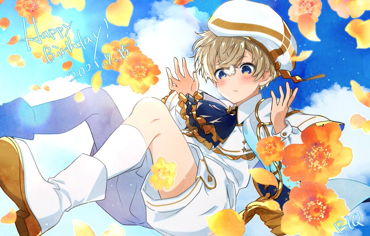 male focus 1boy blue eyes flower shorts hat blonde hair  illustration images