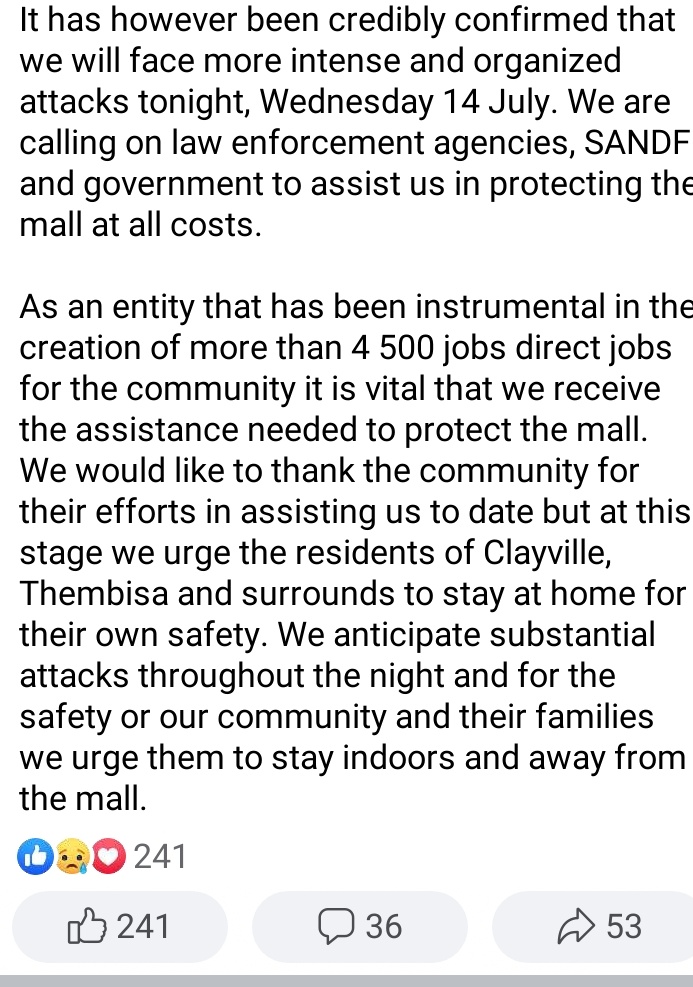 Protect Mall Of Tembisa <a href="/PresidencyZA/">The Presidency 🇿🇦</a> <a href="/CyrilRamaphosa/">Cyril Ramaphosa 🇿🇦</a>
<a href="/MbalulaFikile/">ANC SECRETARY GENERAL | Fikile Mbalula</a> <a href="/SANDF_ZA/">SA National Defence Force 🇿🇦</a> 

Lets share and Retweet this 

SANDF
#SouthAfricaBurning 
#MallOFTembisa