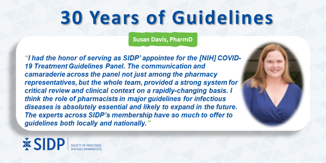 SIDPharm's tweet photo. On this final day of #30YearsofGuidelines, current @SIDPharm president @IDPharmProf reflects on her experience serving on the @NIHCOVIDTxGuide Panel and the #communication & #camaraderie that was present amongst the entire team 🤝 🤝 🤝
#30YearsofSIDP #teamworkmakesthedreamwork https://t.co/1kz9My5WPs