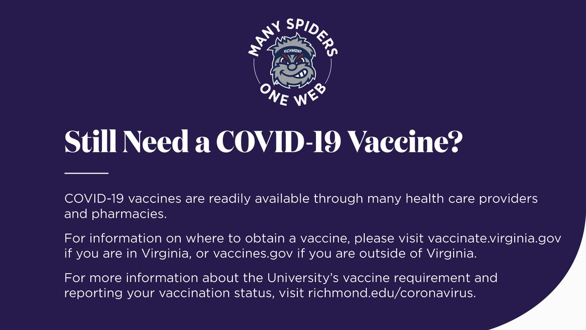 urichmond's tweet photo. The fall semester starts in less than six weeks! Have you gotten your COVID-19 vaccine? Learn more: https://t.co/bqUxkJdnfP #ManySpidersOneWeb https://t.co/PqyJjREbXQ