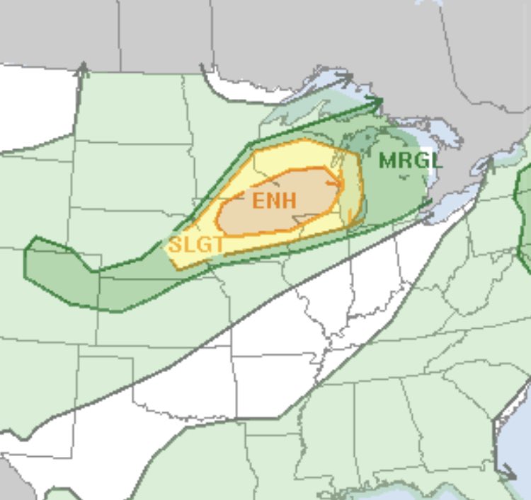 An enhanced risk of seeing severe weather today across portions of northern Iowa, Minnesota and Illinois! Always stay weather aware! @USA__Wx #scwx https://t.co/ohgPONhvrC