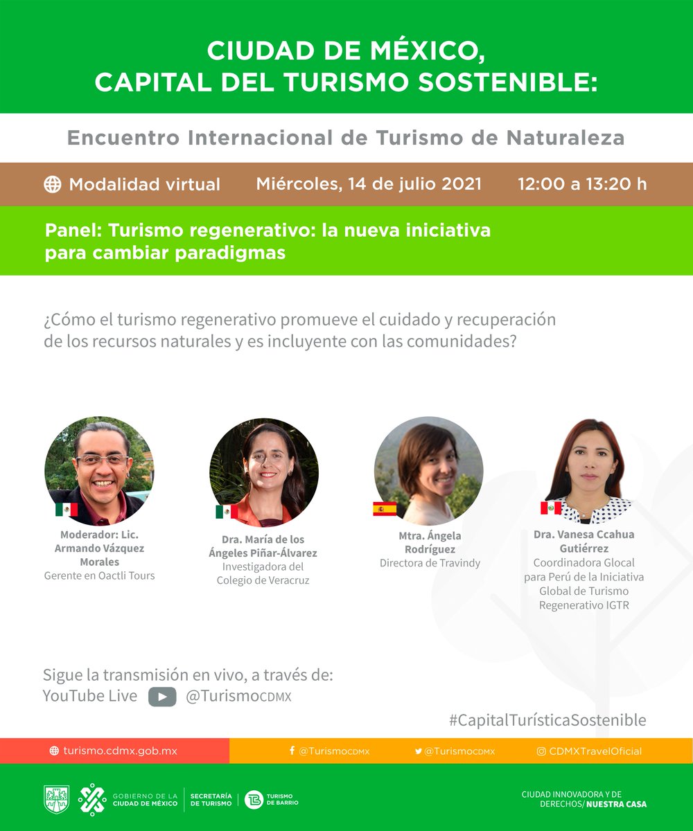 turismocdmx's tweet photo. 🟢📽️ Panel: "#TurismoRegenerativo: la nueva iniciativa para cambiar paradigmas" #EITN
👩🌾🍃 Cuidado y recuperación de recursos naturales
@OactliTours @ElColVer @ang_rodp
#CapitalTurísticaSostenible
📆14 jul ⏰12 h
👉YouTube Live: https://t.co/xQKOlX3RaR https://t.co/5VD9ZwbRc8
