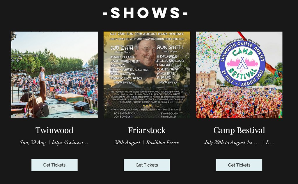 Come see The Turner Brothers live this summer! To get tickets to some great festivals we're playing, head over to our website! 
theturnerbrothers.co.uk 
<a href="/camp/">TCF</a> bestival <a href="/twinwood/">Terri Winwood</a> @Friastock