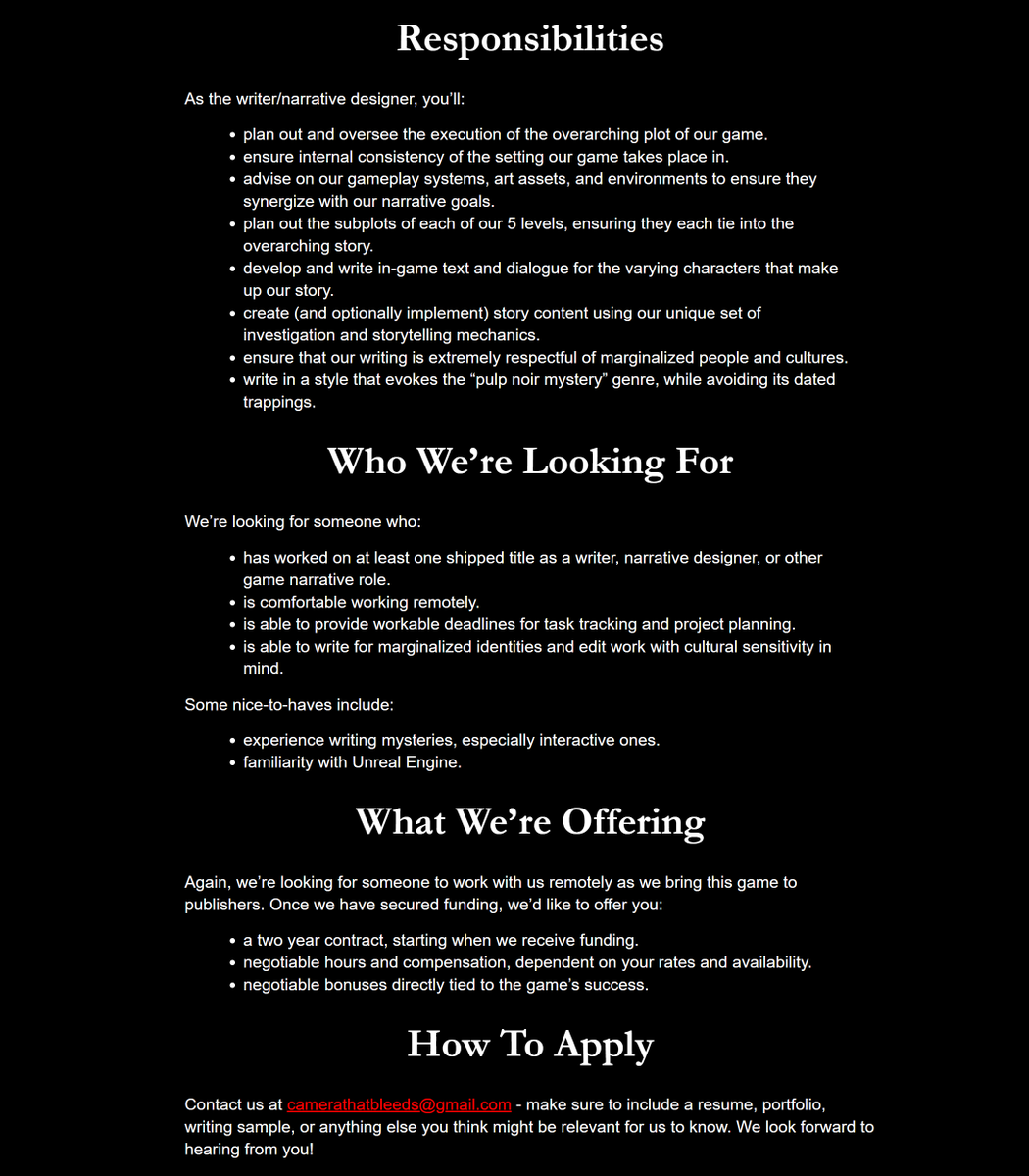 CamThatBleeds's tweet photo. 👻The Camera that Bleeds is looking for an experienced Writer/Narrative Designer!👻

🕵️ Fully remote position
📸 Negotiable hours + compensation
🩸 Jazzed about writing spooky mysteries

Check out the details here:
➡️https://t.co/iAo4KZDl9S

#gamewriting #gamedevjobs #jobsingames https://t.co/nNxp00jETh