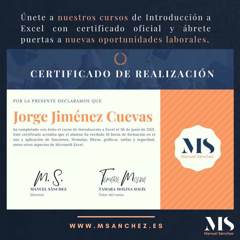 MSAcademyHub's tweet image. 📜🔝 ¡APÚNTATE! ¡NUEVOS CURSOS!

☝🏻 Os presentamos nuestro Curso de Introducción a Excel. Marca la diferencia, incorpora nuevas aptitudes a tu currículum con nuestros cursos online. ✅ Con certificado digital firmado por el director y el tutor del curso.

〽️ #MSAcademy