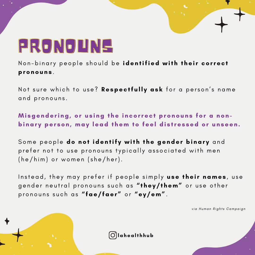 lahealthhub's tweet photo. Happy International #NonBinaryPeoplesDay. To our non-binary followers, we love & support you! 🦄💛🖤 — #nonbinary #internationalnonbinarypeoplesday #nonbinarypositivity #nonbinaryawarenessweek #nonbinaryday #pronounsmatter #genderfluid #genderqueer #genderneutral #genderequality https://t.co/fmKPYLbS9G